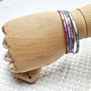 Vintage Brass & Mother of Pearl Bangles Pink & Blue  Set of 4